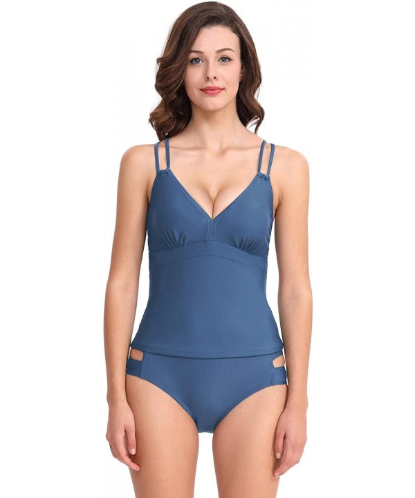 Women's Two Piece Swimsuit V Neck Cross Back Padded Halter Top Tankini Suits - Blue - CU18R8ACN0L $15.36-Sets