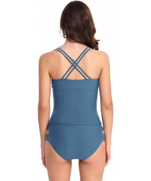 Women's Two Piece Swimsuit V Neck Cross Back Padded Halter Top Tankini Suits - Blue - CU18R8ACN0L $15.36-Sets