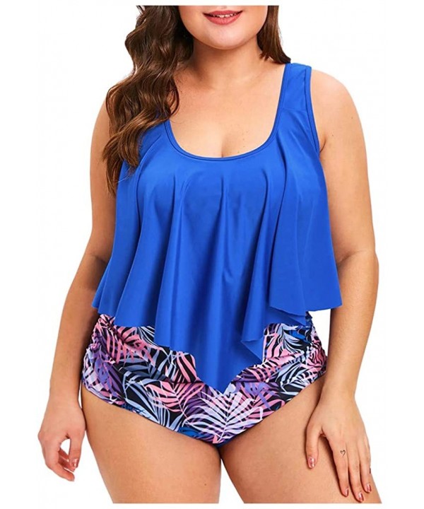 Women Plus Size Ruffle Tankini Top High Waist Brazilian Printed Two Pieces Swimsuit Beachwear (L-5XL) - Blue 1 - C4196WO6XZZ ...