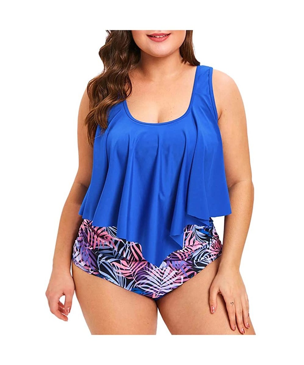 Women Plus Size Ruffle Tankini Top High Waist Brazilian Printed Two Pieces Swimsuit Beachwear (L-5XL) - Blue 1 - C4196WO6XZZ ...