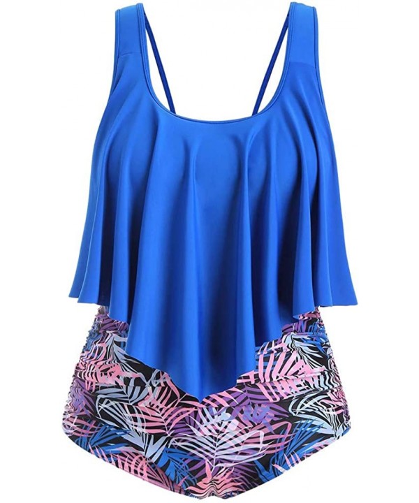 Women Plus Size Ruffle Tankini Top High Waist Brazilian Printed Two Pieces Swimsuit Beachwear (L-5XL) - Blue 1 - C4196WO6XZZ ...