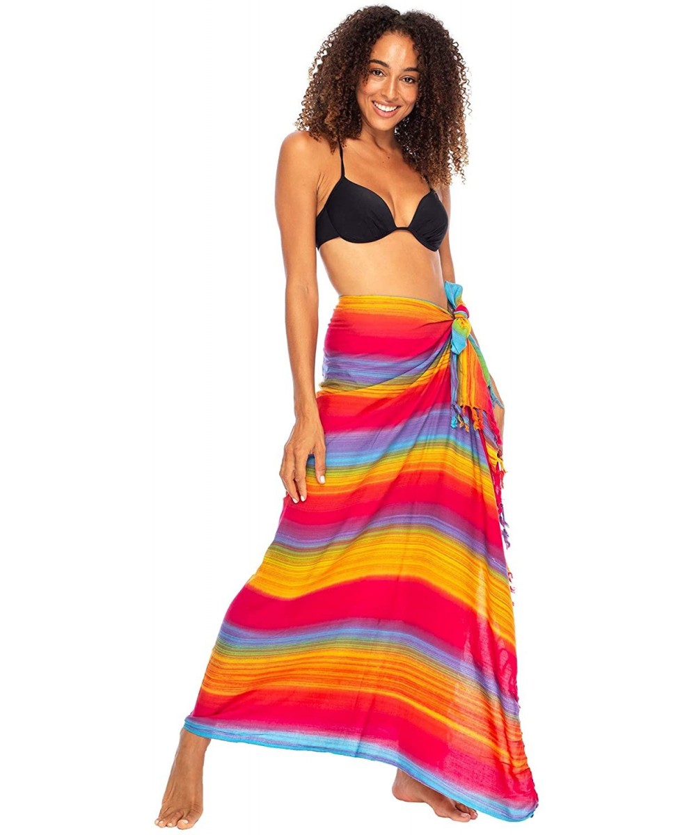 Womens Striped Sarong Wrap Bikini Swimsuit Beach Cover Up - Sunset Pink Striped - CH11D3SSLSV $17.02-Cover-Ups