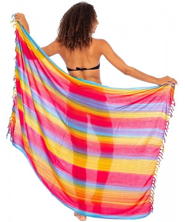 Womens Striped Sarong Wrap Bikini Swimsuit Beach Cover Up - Sunset Pink Striped - CH11D3SSLSV $17.02-Cover-Ups