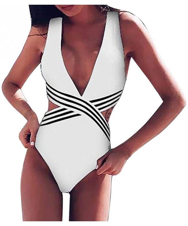 Women One Piece Halter Neck V-Neckline Cut Out Monokini Striped Swimsuit Bathing Suit - White B - C418RGQWNR2 $15.30-One-Pieces