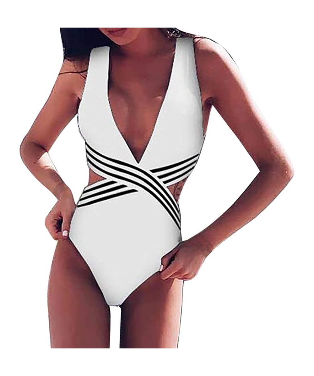 Women One Piece Halter Neck V-Neckline Cut Out Monokini Striped Swimsuit Bathing Suit - White B - C418RGQWNR2 $15.30-One-Pieces