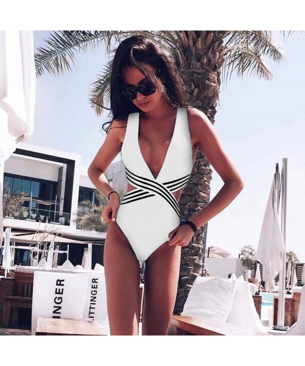 Women One Piece Halter Neck V-Neckline Cut Out Monokini Striped Swimsuit Bathing Suit - White B - C418RGQWNR2 $15.30-One-Pieces