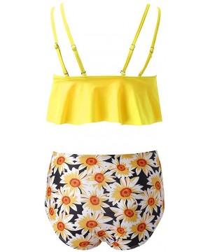 Women's High Waisted Sunflower Print Ruffle Bikini Swimsuit Set Tankini Flounce Two Pieces Bathing Suits with Underwire - Yel...