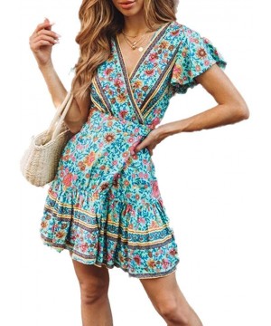 Women Floral Printed Boho Short Sleeve V Neck Swing A-Line Mini Dress Summer Beach - Green - C418QC2C407 $22.26-Cover-Ups