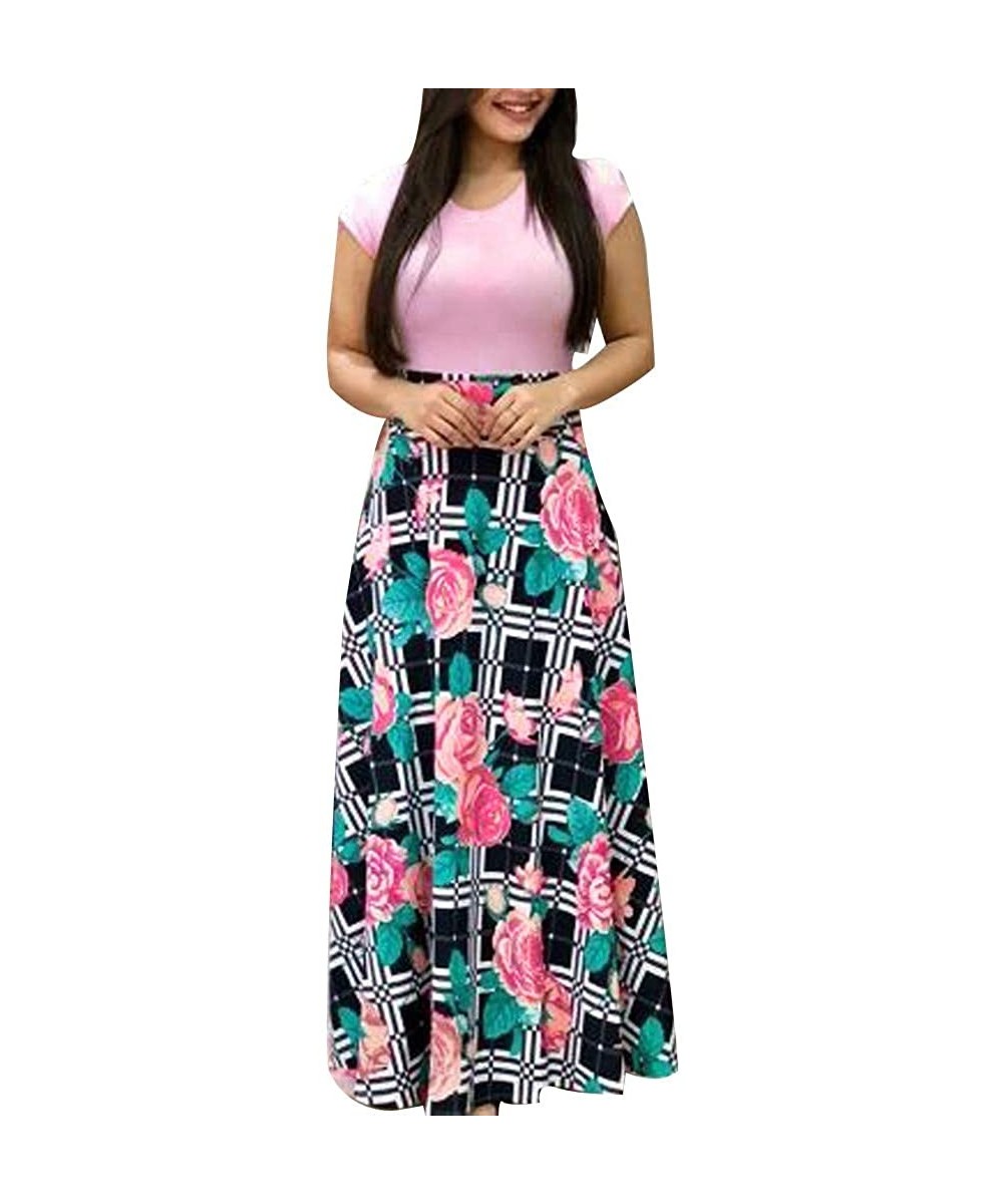 Women's Summer Short Sleeve V-Neck Floral Party Long Dress Summer Beach Sundress Casual Loose Maxi Dress - Z9-red - CS19DLC97...