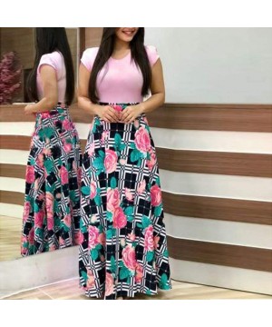 Women's Summer Short Sleeve V-Neck Floral Party Long Dress Summer Beach Sundress Casual Loose Maxi Dress - Z9-red - CS19DLC97...