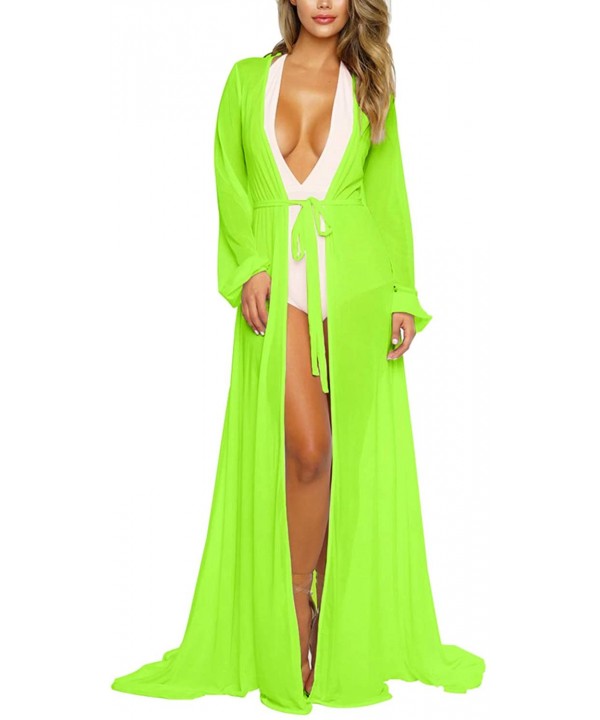 Women's Sexy Thin Mesh Long Sleeve Tie Front Swimsuit Swim Beach Maxi Cover Up Dress - Neon Green - CA18U6EYED0 $32.40-Cover-Ups