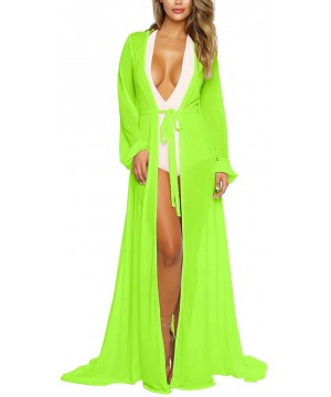 Women's Sexy Thin Mesh Long Sleeve Tie Front Swimsuit Swim Beach Maxi Cover Up Dress - Neon Green - CA18U6EYED0 $32.40-Cover-Ups