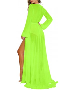 Women's Sexy Thin Mesh Long Sleeve Tie Front Swimsuit Swim Beach Maxi Cover Up Dress - Neon Green - CA18U6EYED0 $32.40-Cover-Ups