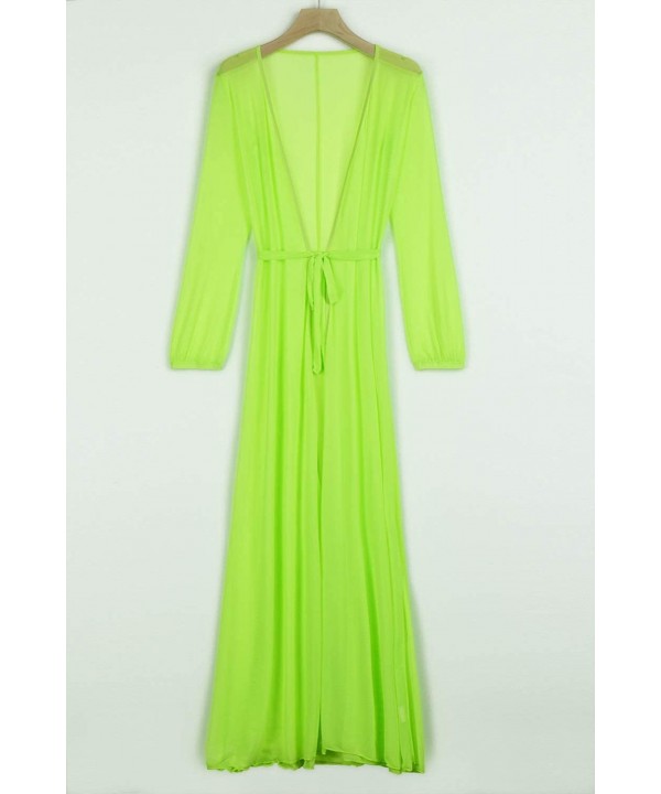 Women's Sexy Thin Mesh Long Sleeve Tie Front Swimsuit Swim Beach Maxi Cover Up Dress - Neon Green - CA18U6EYED0 $32.40-Cover-Ups