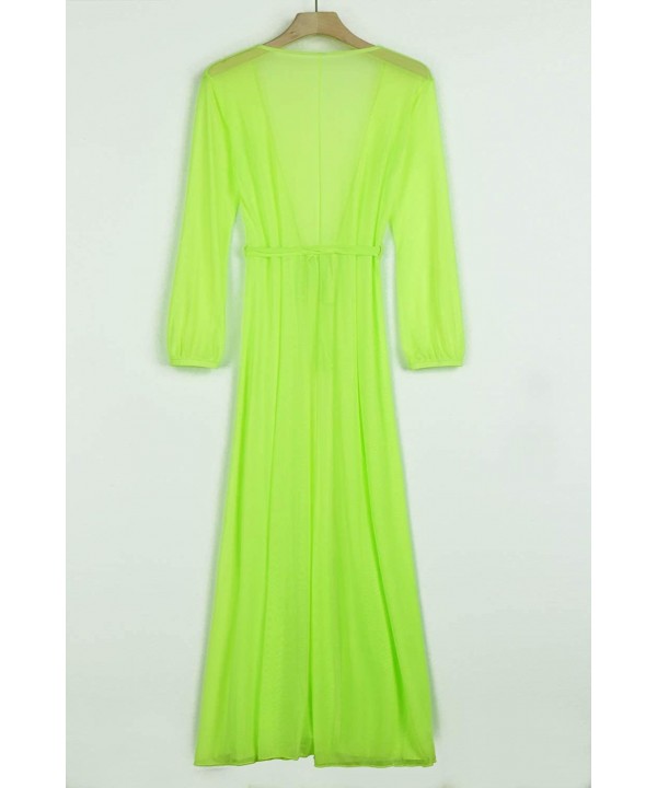 Women's Sexy Thin Mesh Long Sleeve Tie Front Swimsuit Swim Beach Maxi Cover Up Dress - Neon Green - CA18U6EYED0 $32.40-Cover-Ups