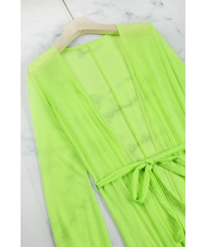 Women's Sexy Thin Mesh Long Sleeve Tie Front Swimsuit Swim Beach Maxi Cover Up Dress - Neon Green - CA18U6EYED0 $32.40-Cover-Ups