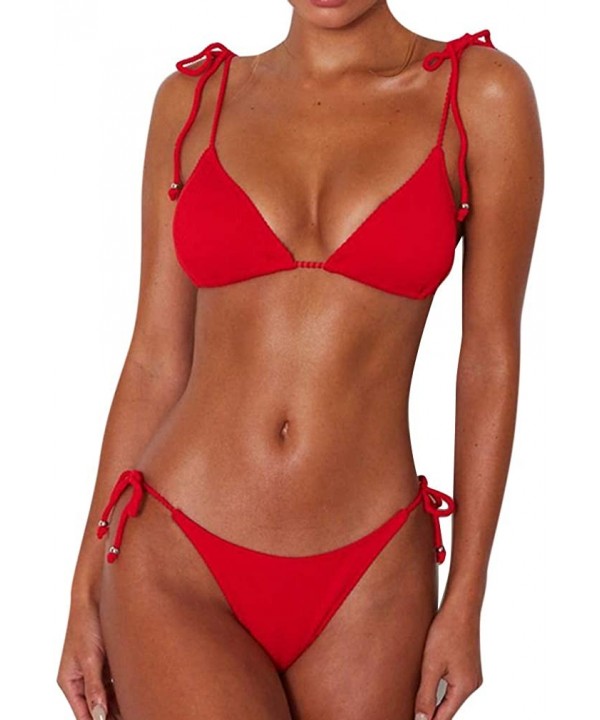 Women's Ribbed Tie Bikini Brazilian Cheeky Bottom String Swimsuit - Red - CJ18O73MNXE $18.87-Sets