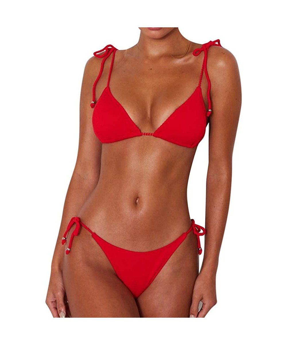 Women's Ribbed Tie Bikini Brazilian Cheeky Bottom String Swimsuit - Red - CJ18O73MNXE $18.87-Sets