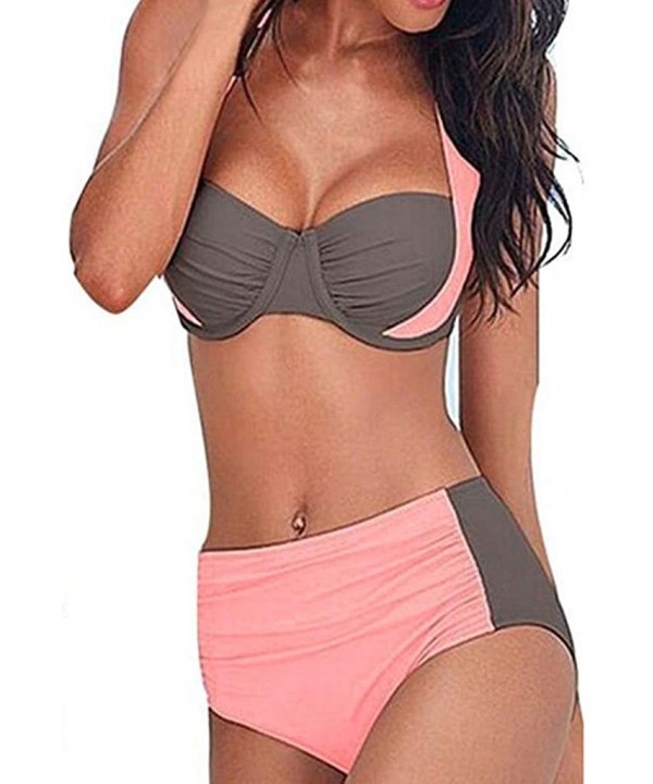 Women's Swimwear Sexy High Waist Pad Push-up Bikini Set Two-Piece Beachwear Swimsuit - Pink - CO18TQT7IMX $15.10-One-Pieces