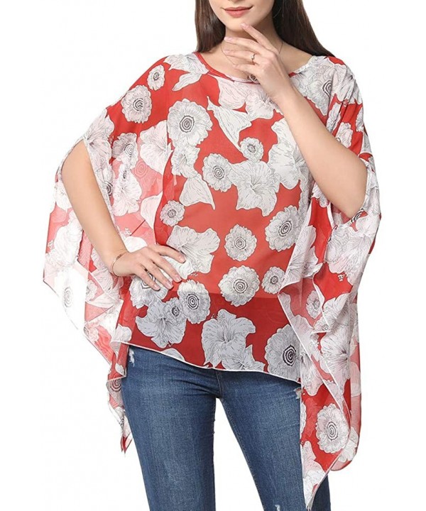 Women's Chiffon Blouse Top Floral Printed Batwing Sleeve Caftan Poncho Tunic Beach Coverup - 83 - CI18ERU2RNL $17.36-Cover-Ups