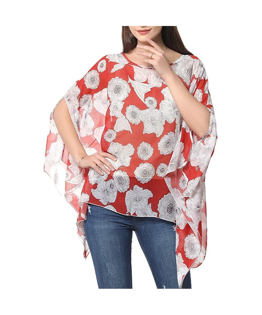 Women's Chiffon Blouse Top Floral Printed Batwing Sleeve Caftan Poncho Tunic Beach Coverup - 83 - CI18ERU2RNL $17.36-Cover-Ups