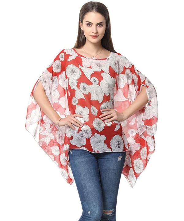 Women's Chiffon Blouse Top Floral Printed Batwing Sleeve Caftan Poncho Tunic Beach Coverup - 83 - CI18ERU2RNL $17.36-Cover-Ups