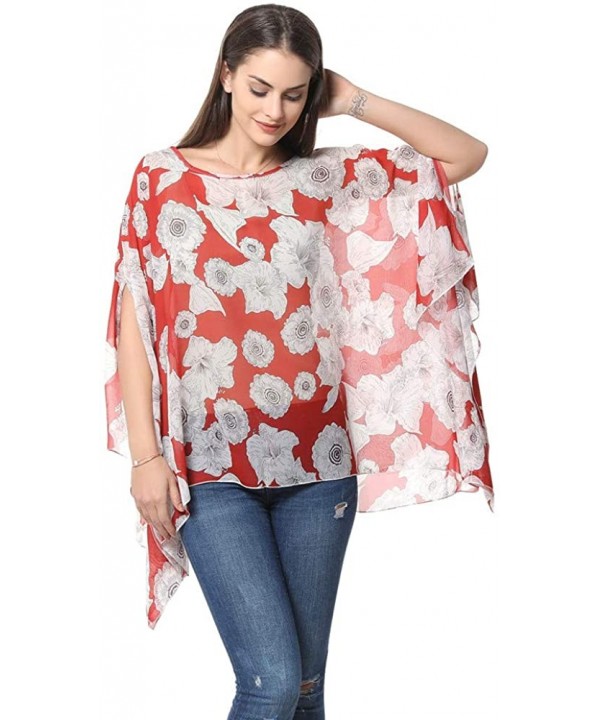 Women's Chiffon Blouse Top Floral Printed Batwing Sleeve Caftan Poncho Tunic Beach Coverup - 83 - CI18ERU2RNL $17.36-Cover-Ups