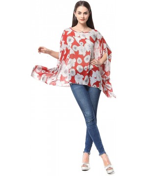 Women's Chiffon Blouse Top Floral Printed Batwing Sleeve Caftan Poncho Tunic Beach Coverup - 83 - CI18ERU2RNL $17.36-Cover-Ups