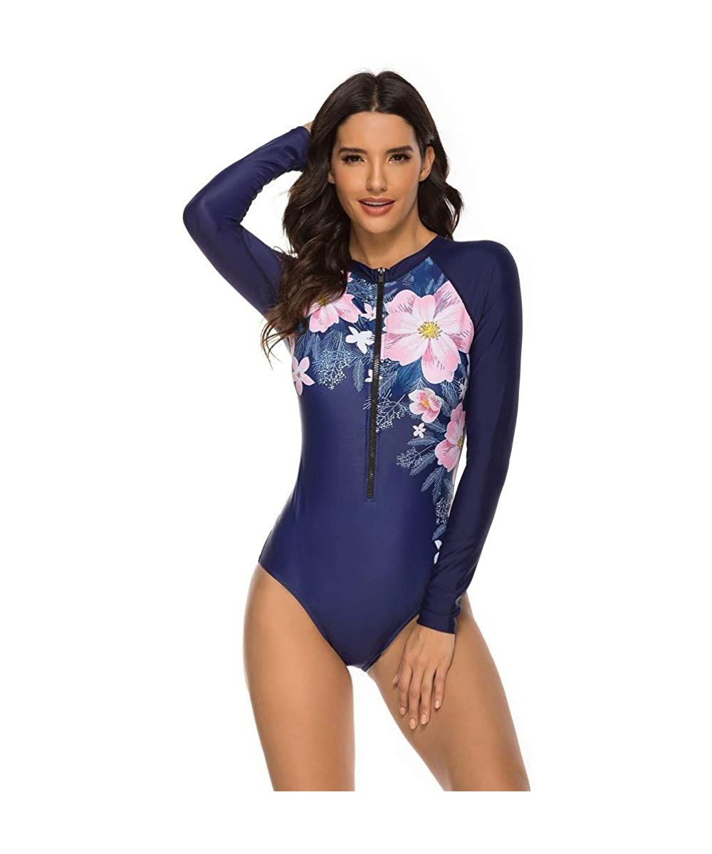 Women's Long Sleeve Floral Printed Zip Front Rashguard One Piece Swimsuit Sun Protection Surfing Swimwear Navy B - CW196DDQ6Y...