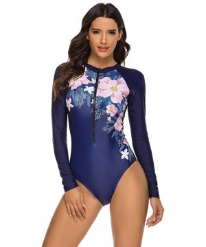 Women's Long Sleeve Floral Printed Zip Front Rashguard One Piece Swimsuit Sun Protection Surfing Swimwear Navy B - CW196DDQ6Y...