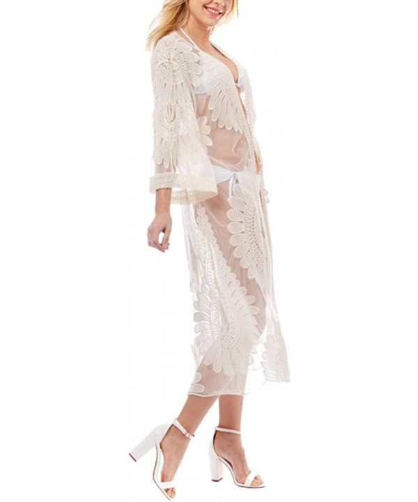 Women Fashion Summer Sheer Lace Crochet Beach Cover Up Kimono Long Midi Short - Lace Big Floral - Beige - CJ194YGCIL4 $21.74-...