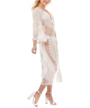 Women Fashion Summer Sheer Lace Crochet Beach Cover Up Kimono Long Midi Short - Lace Big Floral - Beige - CJ194YGCIL4 $21.74-...