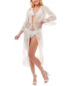 Women Fashion Summer Sheer Lace Crochet Beach Cover Up Kimono Long Midi Short - Lace Big Floral - Beige - CJ194YGCIL4 $21.74-...