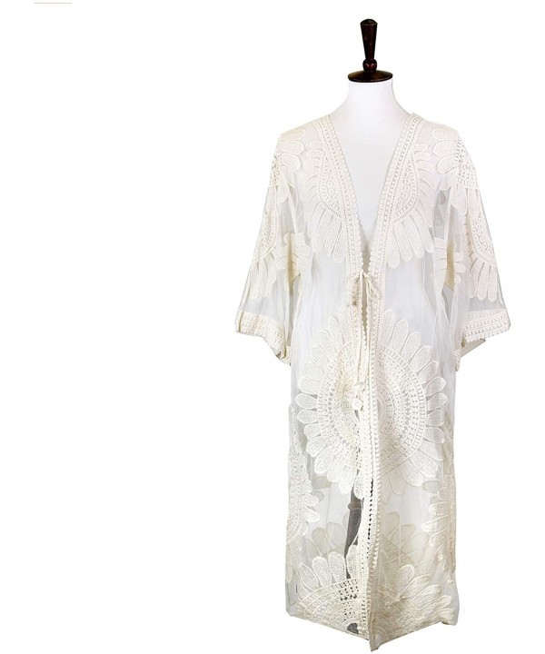 Women Fashion Summer Sheer Lace Crochet Beach Cover Up Kimono Long Midi Short - Lace Big Floral - Beige - CJ194YGCIL4 $21.74-...