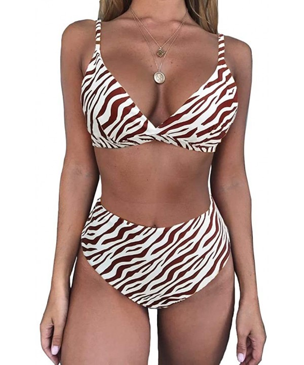 Women's Sexy Bikini Sets Stripe Printing High Waisted Padded Push Up 2 Piece Swimsuits - 1 - CD18TRAQIRE $15.76-Sets