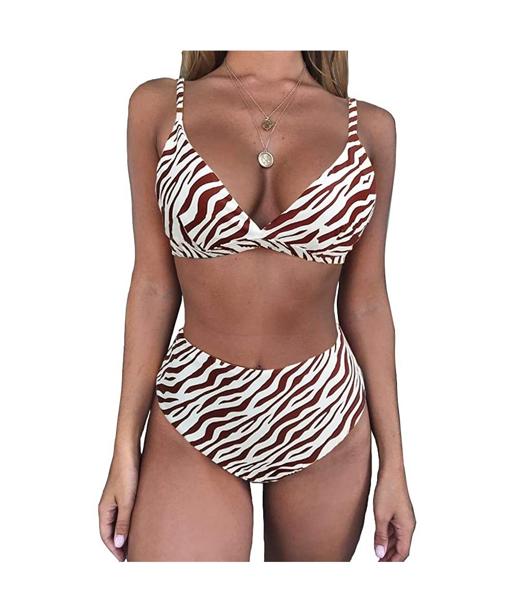 Women's Sexy Bikini Sets Stripe Printing High Waisted Padded Push Up 2 Piece Swimsuits - 1 - CD18TRAQIRE $15.76-Sets