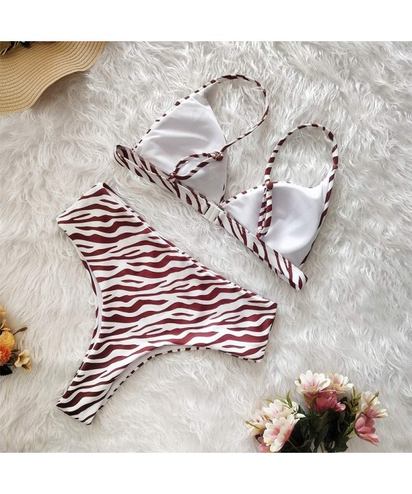 Women's Sexy Bikini Sets Stripe Printing High Waisted Padded Push Up 2 Piece Swimsuits - 1 - CD18TRAQIRE $15.76-Sets