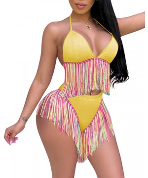 Women Sexy Tassel Bikini Swimsuits 2 Pieces High Waist Bathing Suits - Yellow - CZ18R85LTIQ $31.57-Sets