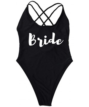 Letter Print Vintage Stappy Cross Back Birde One Piece Swimsuit High Leg Swimwear Bathing Suit - Bride-black-wh - CX18NN2SMLY...