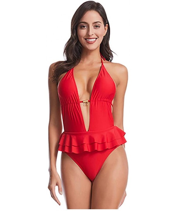 Women One Piece Bathing Suits Tummy Control Cutout Swimwear Monokini Swimsuit - A Red - CZ194GT3SIR $13.90-One-Pieces