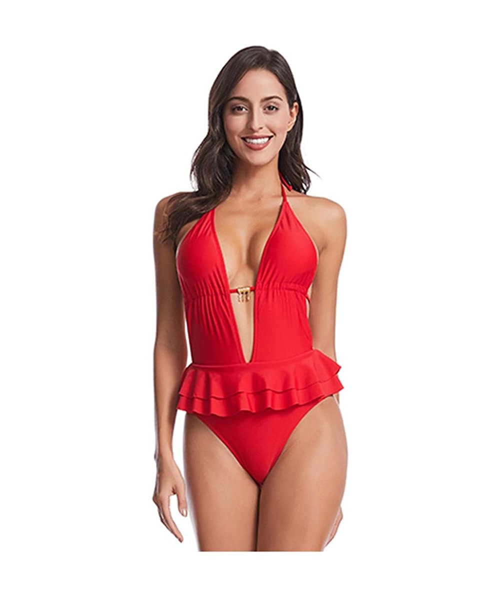 Women One Piece Bathing Suits Tummy Control Cutout Swimwear Monokini Swimsuit - A Red - CZ194GT3SIR $13.90-One-Pieces