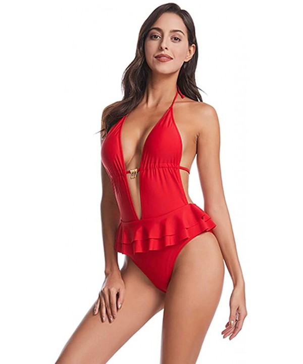 Women One Piece Bathing Suits Tummy Control Cutout Swimwear Monokini Swimsuit - A Red - CZ194GT3SIR $13.90-One-Pieces