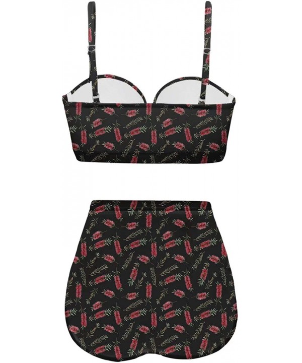 Women's Retro Summer Bright Floral Print Funny Swimsuits High Waisted Bikini Set - Black-1 - CV196SKSHAM $31.35-Bottoms