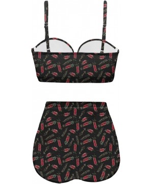 Women's Retro Summer Bright Floral Print Funny Swimsuits High Waisted Bikini Set - Black-1 - CV196SKSHAM $31.35-Bottoms