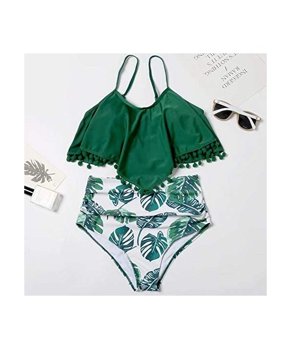 High Waisted Swimsuit Flounce Swimwear Ruffle Tassel Vintage Two Piece Bikini - Green Floral - CJ18TQSO54S $18.12-Tankinis