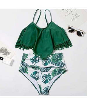 High Waisted Swimsuit Flounce Swimwear Ruffle Tassel Vintage Two Piece Bikini - Green Floral - CJ18TQSO54S $18.12-Tankinis