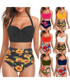 Women Vintage Swimsuit Two Piece Retro Halter Floral Sunflower High Waist Bottom Swimwear Tankini - Black - CW196H6TD50 $20.2...