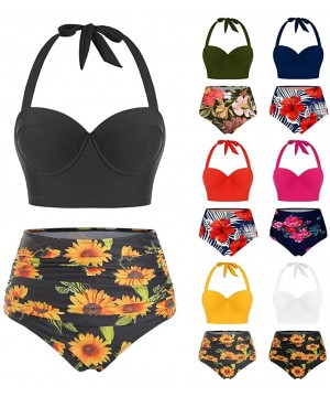 Women Vintage Swimsuit Two Piece Retro Halter Floral Sunflower High Waist Bottom Swimwear Tankini - Black - CW196H6TD50 $20.2...