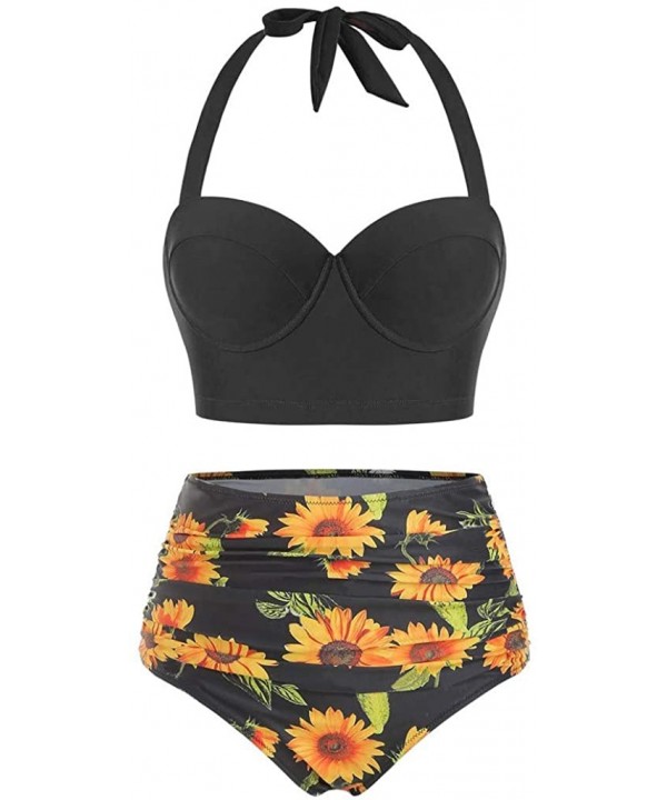 Women Vintage Swimsuit Two Piece Retro Halter Floral Sunflower High Waist Bottom Swimwear Tankini - Black - CW196H6TD50 $20.2...