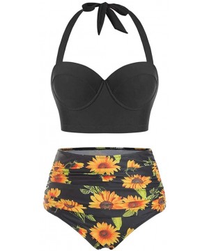 Women Vintage Swimsuit Two Piece Retro Halter Floral Sunflower High Waist Bottom Swimwear Tankini - Black - CW196H6TD50 $20.2...